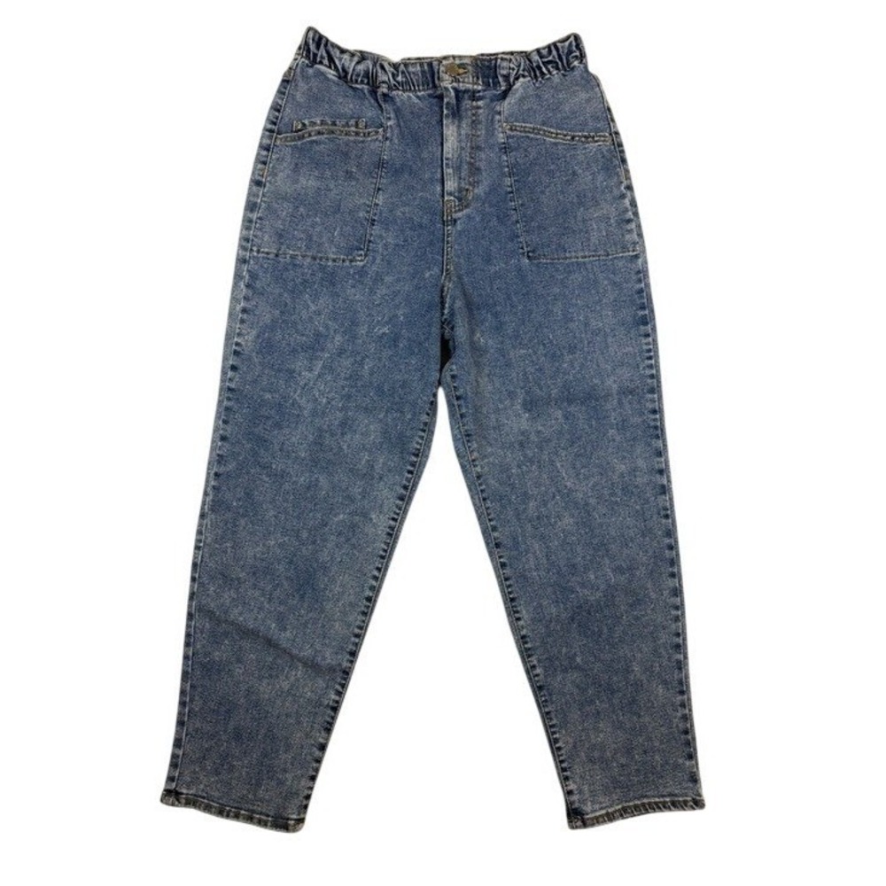 Frayed Jeans Barrel Jean Womens 29 Acid Wash Blue Elastic Waist Denim High Rise